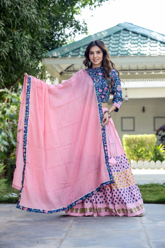 Cotton Bagru Print  Top and Skirt with Mulmul Dupatta