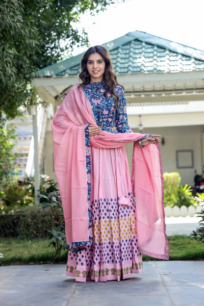 Cotton Bagru Print  Top and Skirt with Mulmul Dupatta