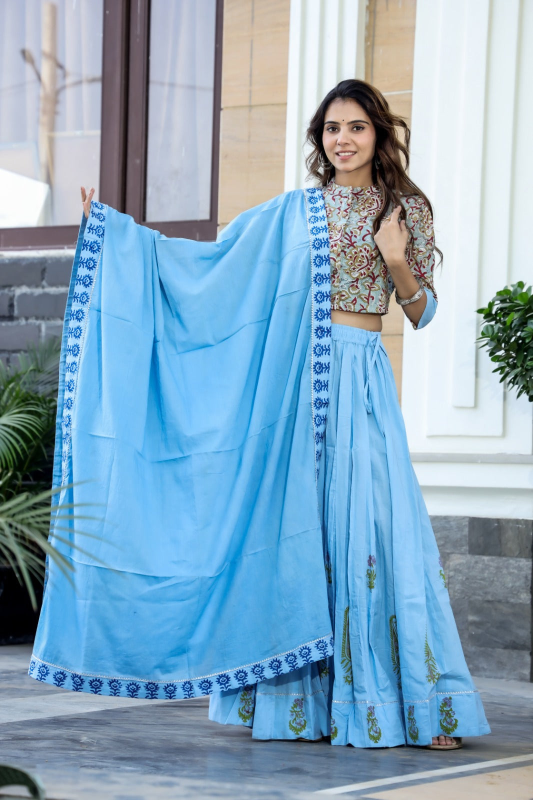 Cotton Bagru Print  Top and Skirt with Mulmul Dupatta