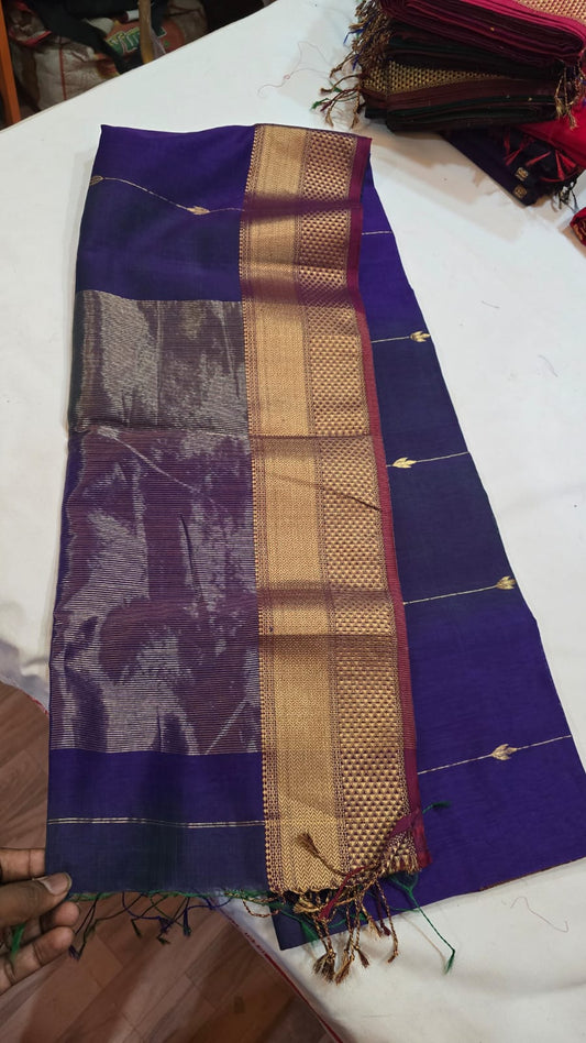 Pure Handloom Silk Cotton Maheshwari Shaded Zari Line Saree with Dipak Buti