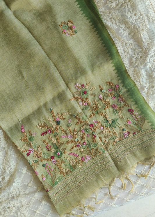 Hand-Embroidered Pure Linen Saree with French Knots, Kantha & Temple Border