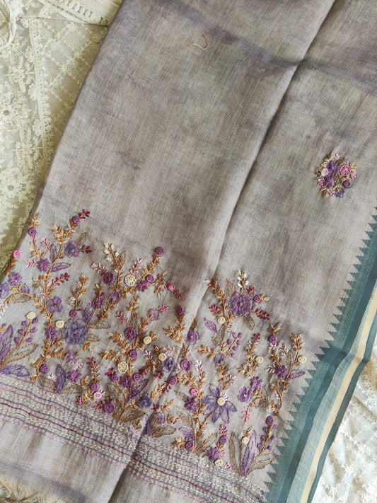 Hand-Embroidered Pure Linen Saree with French Knots, Kantha & Temple Border