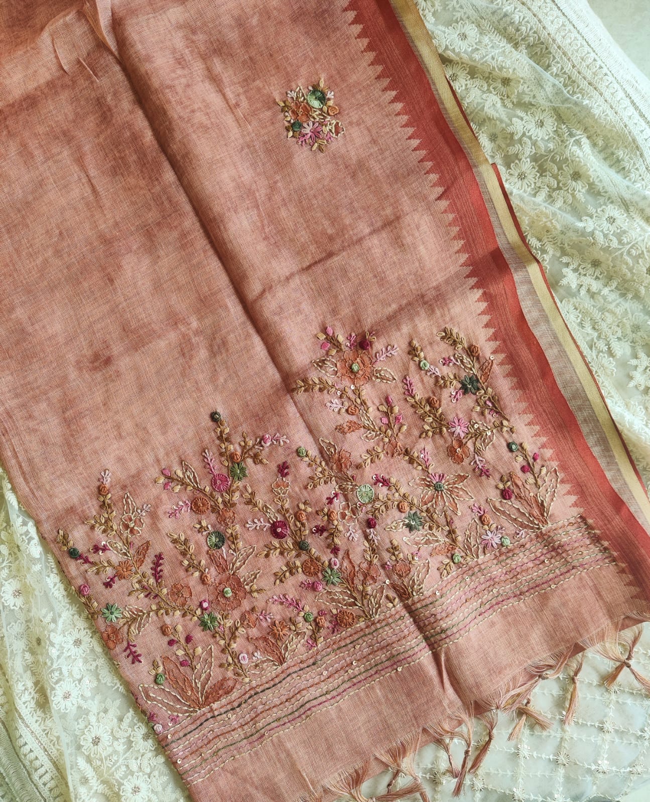 Hand-Embroidered Pure Linen Saree with French Knots, Kantha & Temple Border