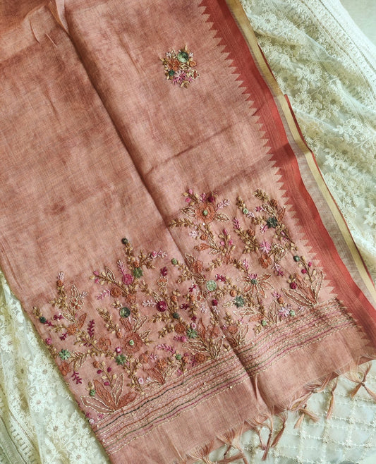 Hand-Embroidered Pure Linen Saree with French Knots, Kantha & Temple Border