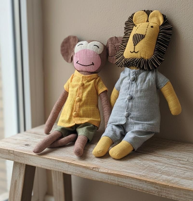 Handmade Fabric Lion and Monkey Doll Toy for Kids