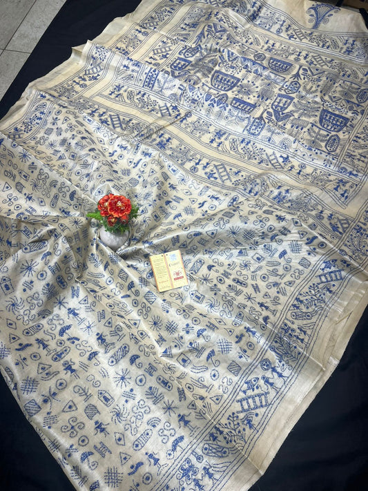 Pure Tussar Silk Katha Saree with Marwahi Work