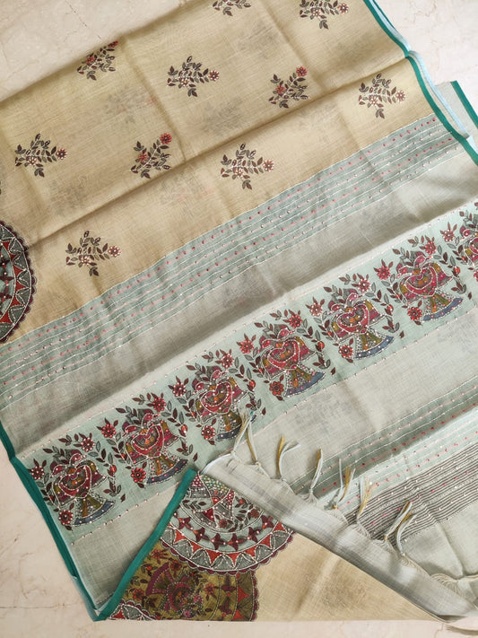Pastel Bengal Soft Silk Saree with Linen Blend & Floral French Knot Embroidery