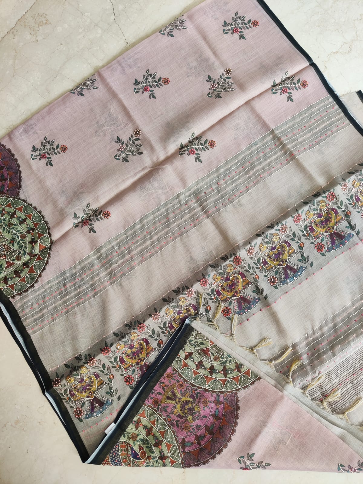 Pastel Bengal Soft Silk Saree with Linen Blend & Floral French Knot Embroidery