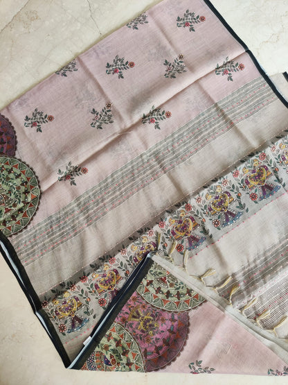 Pastel Bengal Soft Silk Saree with Linen Blend & Floral French Knot Embroidery