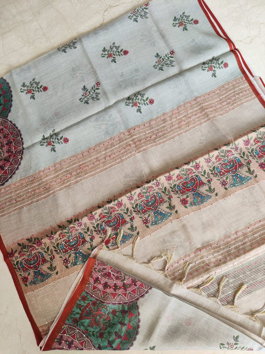 Pastel Bengal Soft Silk Saree with Linen Blend & Floral French Knot Embroidery