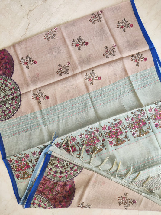 Pastel Bengal Soft Silk Saree with Linen Blend & Floral French Knot Embroidery