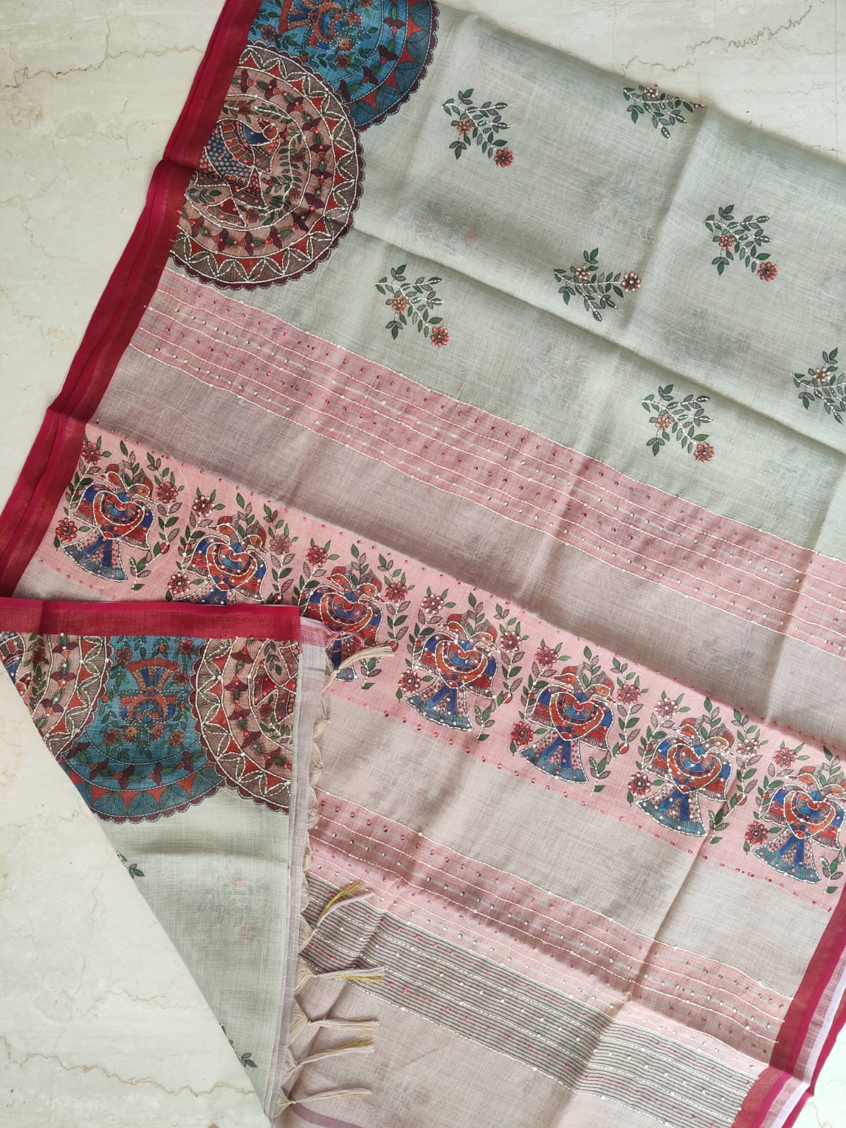 Pastel Bengal Soft Silk Saree with Linen Blend & Floral French Knot Embroidery