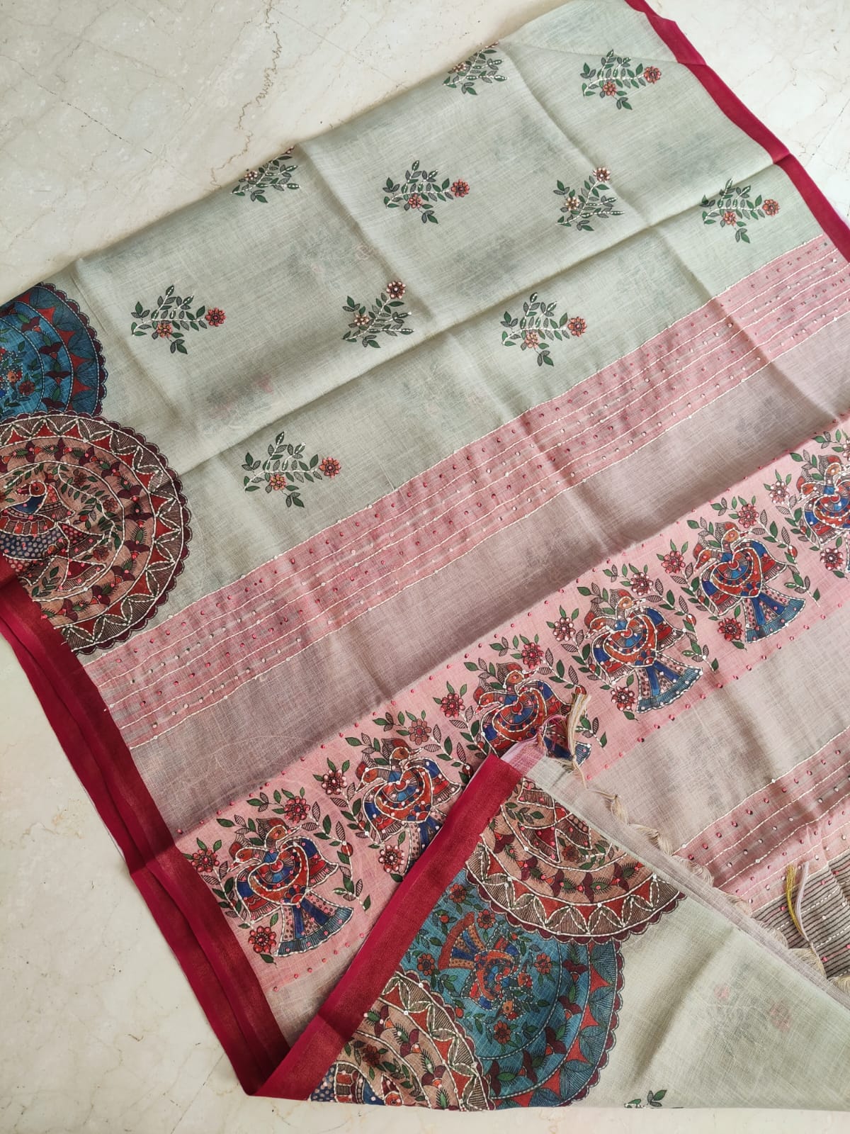 Pastel Bengal Soft Silk Saree with Linen Blend & Floral French Knot Embroidery