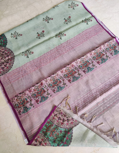 Pastel Bengal Soft Silk Saree with Linen Blend & Floral French Knot Embroidery