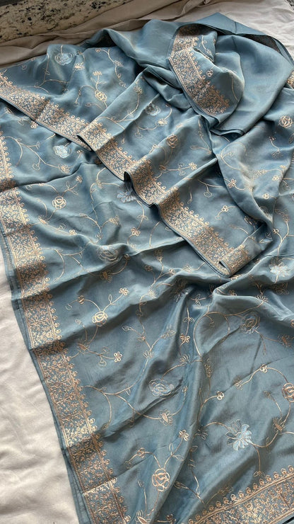 Muga Silk x Soft Tussar Silk Saree with Pittan Embroidery