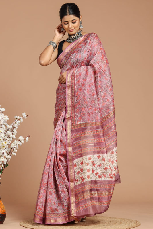 Hand Block Print Maheshwari Silk Saree