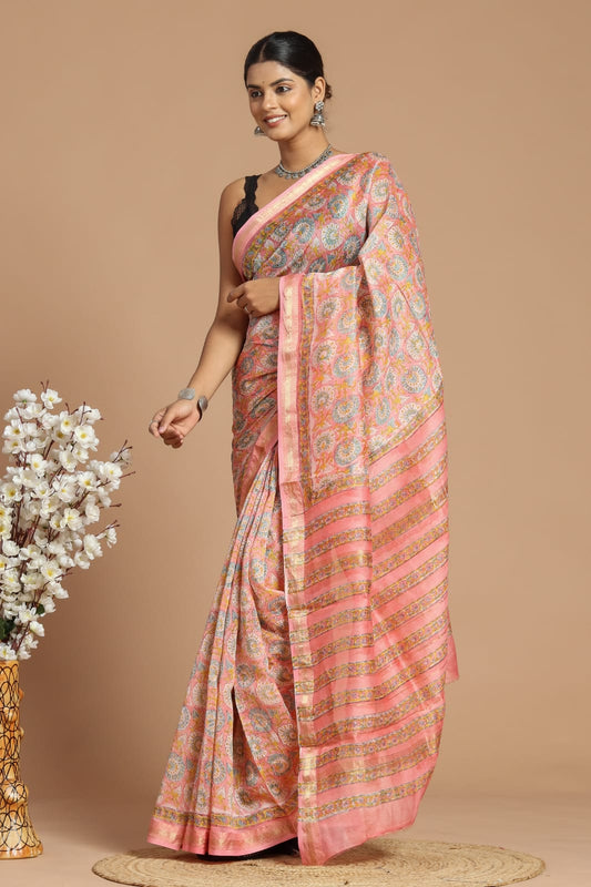 Hand Block Print Maheshwari Silk Saree