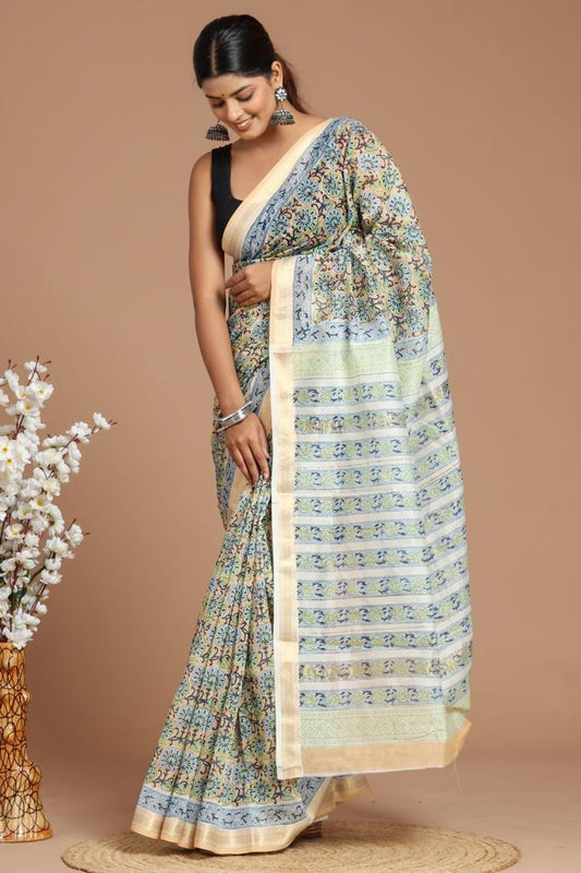 Hand Block Print Maheshwari Silk Saree