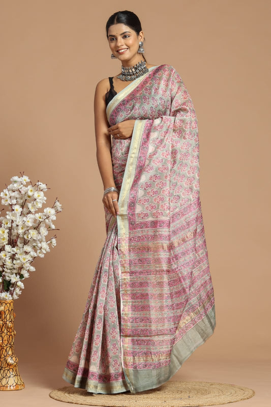 Hand Block Print Maheshwari Silk Saree