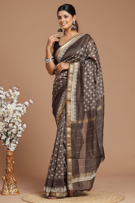 Hand Block Print Maheshwari Silk Saree