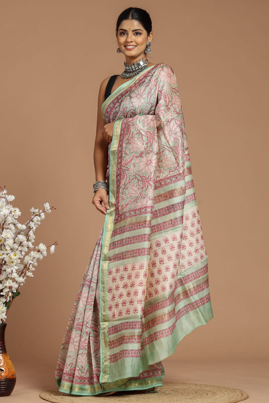 Hand Block Print Maheshwari Silk Saree