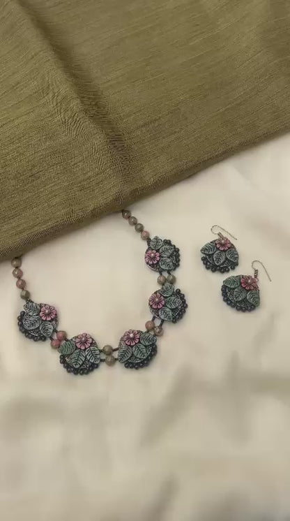 Embossed Pink Floral Terracotta Necklace Set with Unakite Gemstone Beads