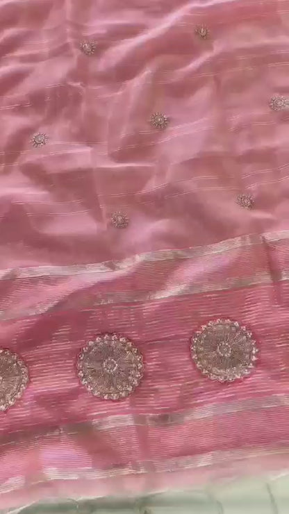 Pure Tissue Linen Silk Saree with Moti, Beads & Katdana Embroidery