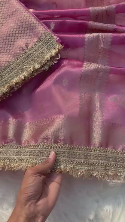 Dusk Pink Banarsi Tissue Silk Saree with Zari Booti Motifs and Stone Details