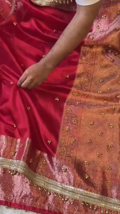 Banarasi Tissue Silk Saree with All-Over Ghungroo & Traditional Lace Border