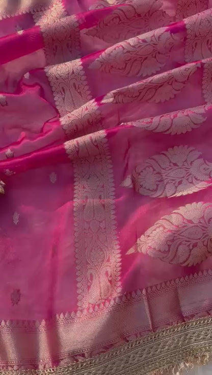 Fuchsia Pink Banarsi Tissue Silk Saree with Zari Booti Motifs and Stone Details