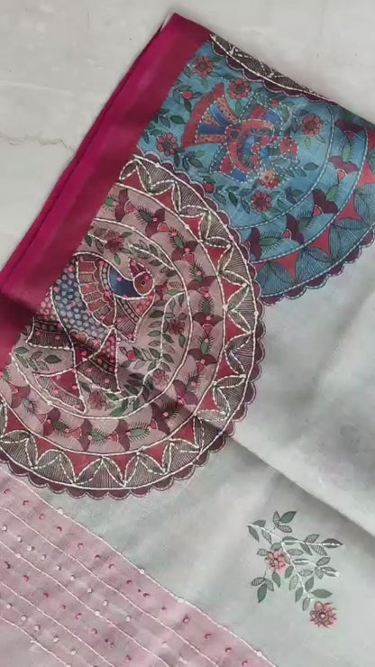 Pastel Bengal Soft Silk Saree with Linen Blend & Floral French Knot Embroidery