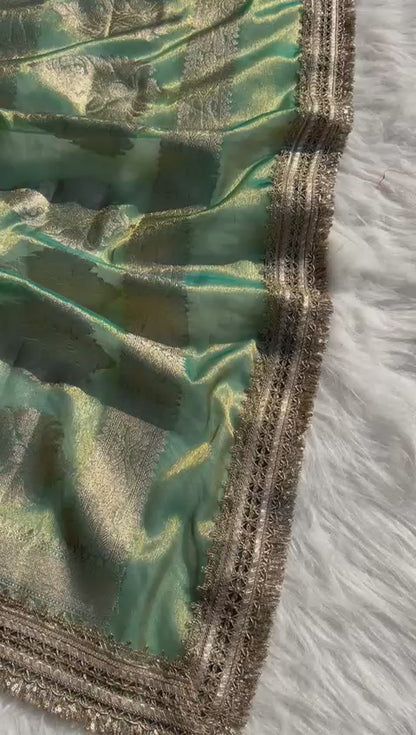 Sea Green Banarsi Tissue Silk Saree with Zari Booti Motifs and Stone Details