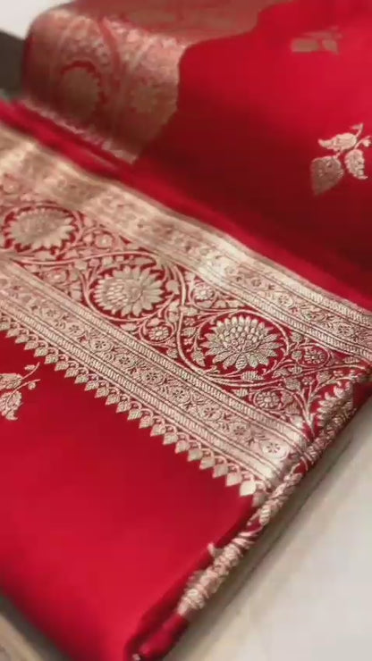 Handloom Red Katan Silk Banarasi Saree with Intricate Zari Weaving
