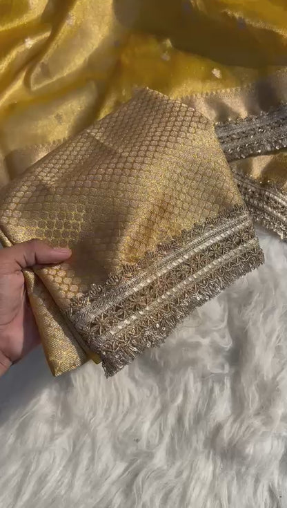 Yellow Banarsi Tissue Silk Saree with Zari Booti Motifs and Stone Details