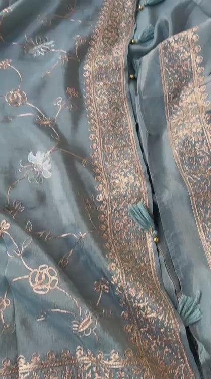Muga Silk x Soft Tussar Silk Saree with Pittan Embroidery