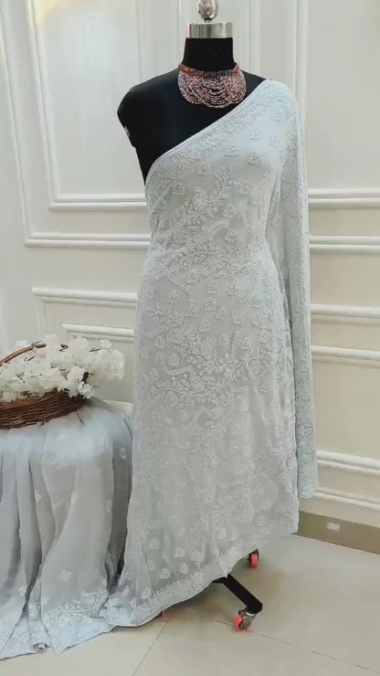 Light Gray Hand Chikankari Pure Viscose Georgette Saree